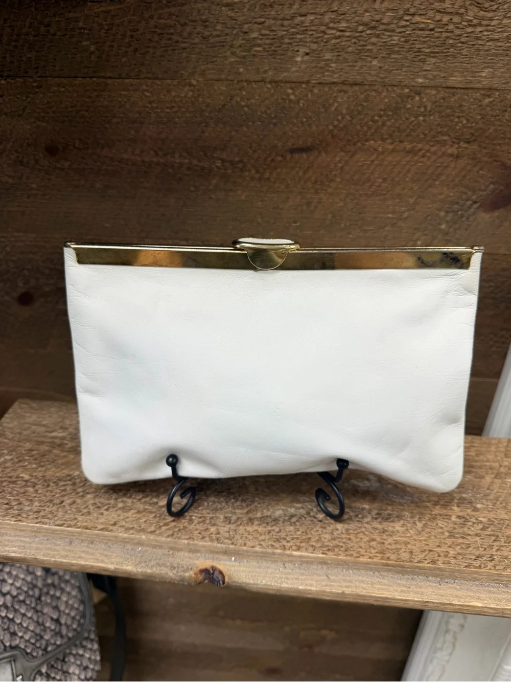 Vintage Etra White Leather Frame-Top Clutch with Kiss-lock and Chain Strap